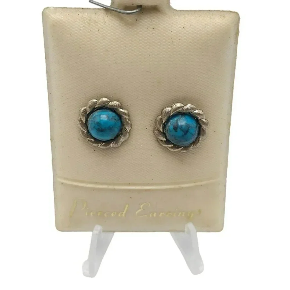 Blue Faux Turquoise Pierced Stud Earrings Butterfly Closure Silver Tone Vintage